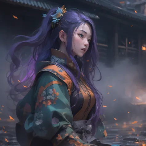 23679 Cyberpunk Year（masterpiece，HD，超HD，32k lotus root starch）Bright purple flowing hair，autumn pond， lotus root starch color， Asian （Michiko）， （silk scarf）， fighting stance， looking at the colorful balloons， Orange gradient long hair， ((Thick frame reflec...