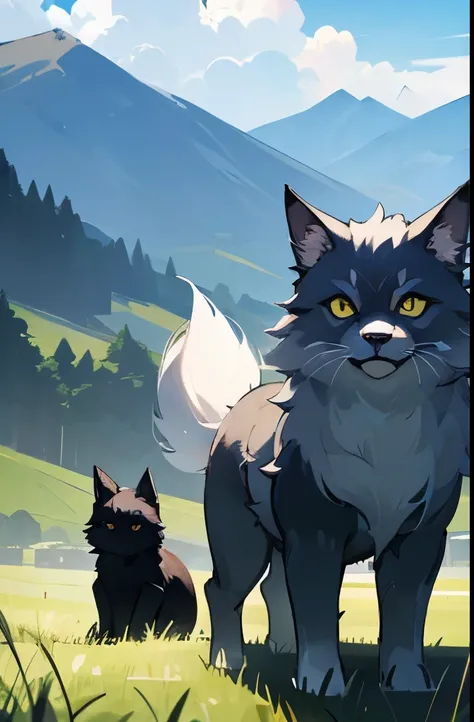 A super giant fluffy silver wolf and a black kitten, looking directly at the camera, striking a cat pose, with ultra-clear and ultra-high resolution. The scene takes place outdoors during the day, with distant mountains and grasslands in the background.