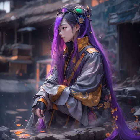 9679 Cyberpunk Year（masterpiece，HD，超HD，32k lotus root starch）Bright purple flowing hair，autumn pond， lotus root starch color， Asian （Michiko）， （silk scarf）， fighting stance， looking at the colorful balloons， Orange gradient long hair， ((Thick frame reflect...