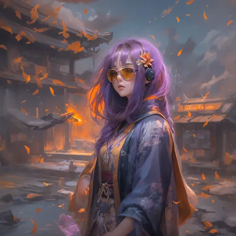 Chapter 3679 The Year of Cyberpunk（masterpiece，HD，超HD，32k lotus root starch）Bright purple flowing hair，autumn pond， lotus root starch color， Asian （Michiko）， （silk scarf）， fighting stance， looking at the colorful balloons， Orange gradient long hair， ((Thic...