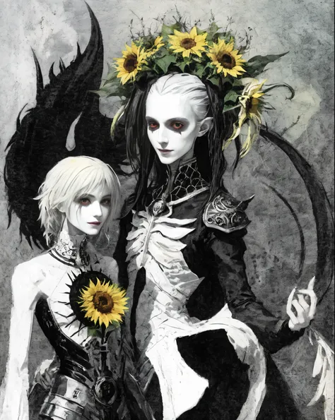 Horror, a skinny pale and starv death man with a color full sunflower instead his head, huge gargantuan black sun with mad smile, humanoids overgrown with flowers, woman standing on knees 