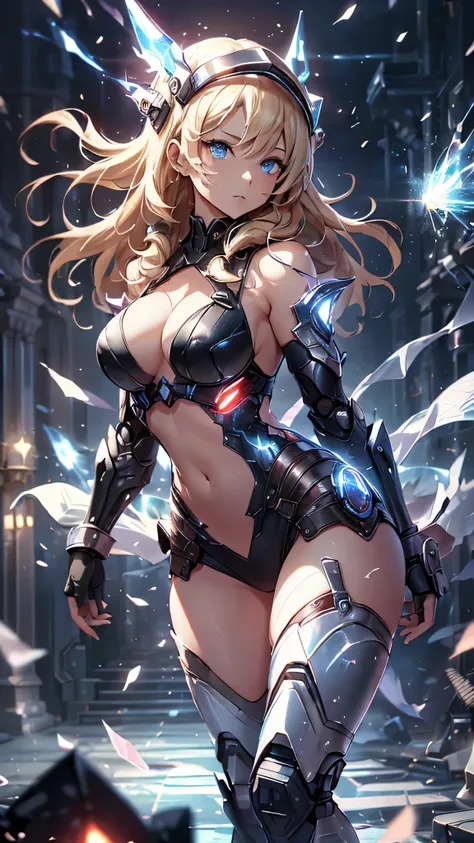 最high quality、best image quality、masterpiece、Android Girl((Robot body、20-year-old、 By becoming、vest bust、medium bust,wide open breast tea、black eye, blonde hair、long hair、thin,highest valley、glowing battle uniform、elationのある動き、Leaning forward heavily、Feeli...