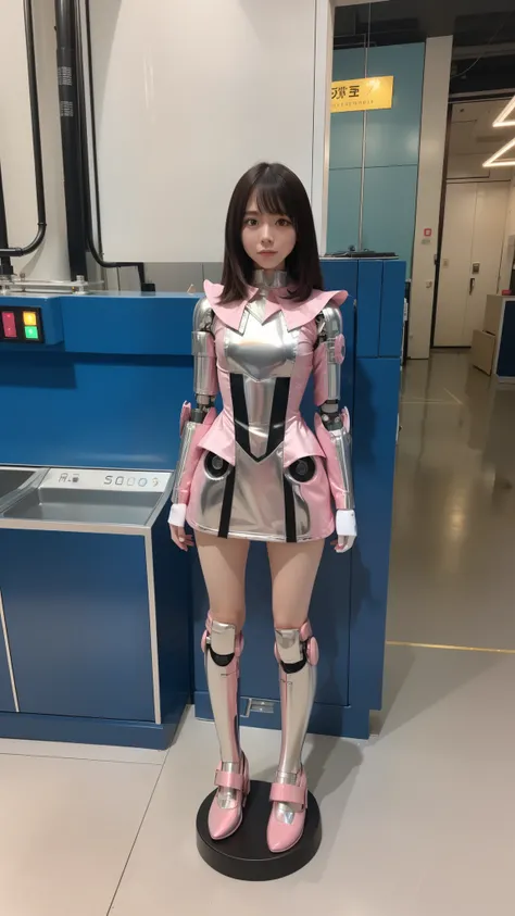 Robot Girl, pink there, Silver, Metallic body, Robot Parts, Metal Parts, Super Detailed Face, Super well-formed face, of the highest quality, a small face, a small head, Brown hair, Slender body, Camera gaze, Internal Mechanical Exposure, Idol, front facin...