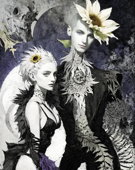 Horror, a skinny pale and starv death man with a color full sunflower instead his head, huge gargantuan black sun with mad smile, humanoids overgrown with flowers, woman standing on knees 