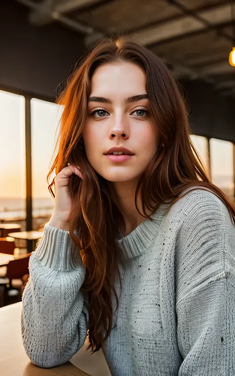 beautiful girl with long red hair in sweater (Drink coffee in a modern café at sunset), big , long red hair, sighly detailed, innocent-looking face, green eyes, hight resolution, ​masterpiece, best qualtiy, intricate detailes, realistic skin textures, shot...