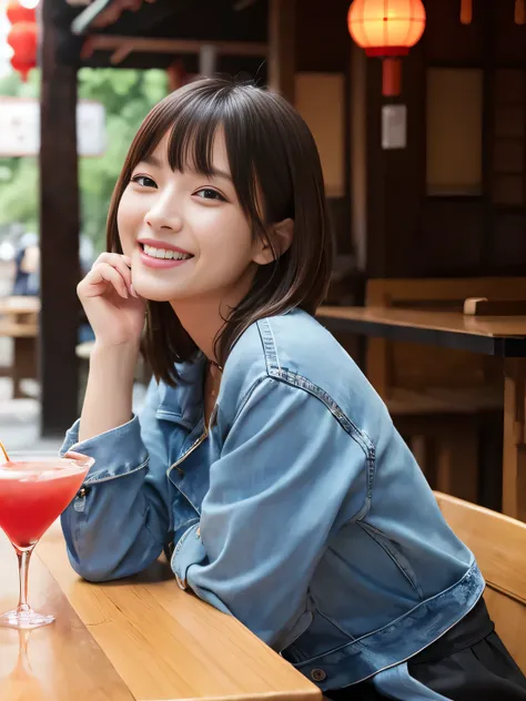 masterpiece、Japanese gravure idol、Red lantern、Yakitori restaurant、she is sitting across the table、A woman with short brown hair is drinking a cocktail across the table.、20-year-old、small hands、big breasts、beautiful feet、I can see the cleavage、There is a ga...