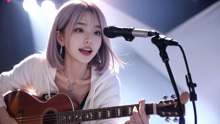 (table top:1.3, highest quality, realistic, super detailed, in detail, High resolution, 8k wallpaper), 1 beautiful girl, 25 years old, Face like a Korean idol, super cute face, band group vocals, wearing a white hoodie, Singing a song on an electric guitar...