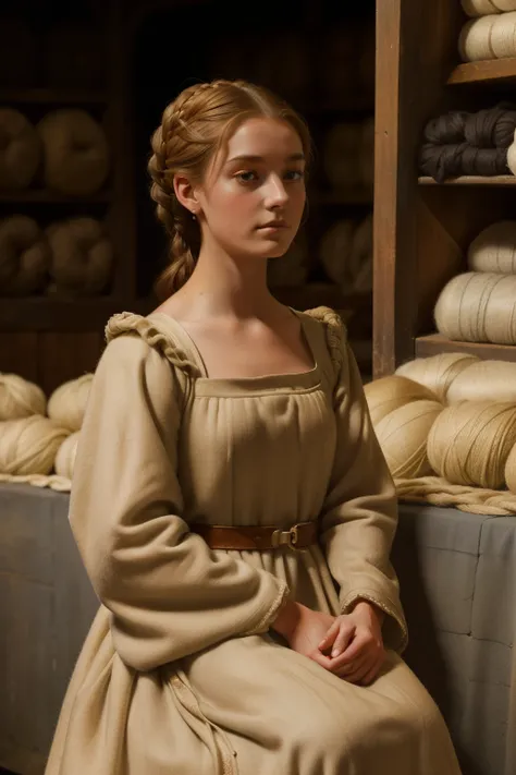 England, 1327. A young ((((20-year-old)) Caris Wooler)), attractive, expressive eyes, in a wool market, ((thinking expression)). ((((clothings from the 1300s, gown)))), ((light chestnut hairstyle of the 1300s))