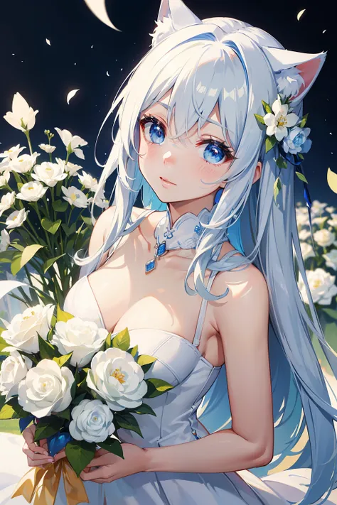 need，masterpiece，youth，white色的，blue eyes，sapphire necklace，Cat ear，white色婚纱，Two dimensions，white色长发，side braid，look up，Shy，white，Holding a bouquet of flowers，happy wedding