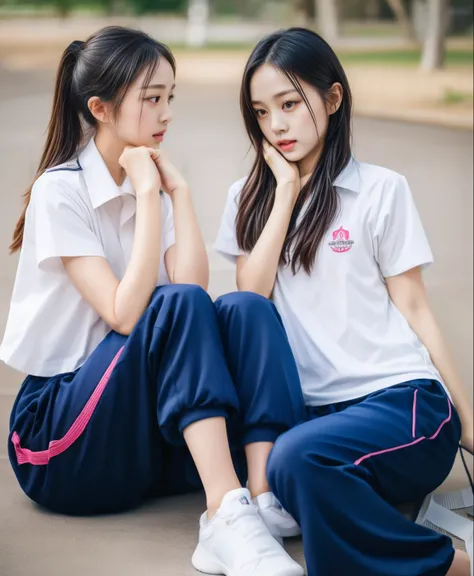 3 girls in fitness center, Navy blue short-sleeved shirt,Navy Long Trackpant,Sweatpants, Sweatpantsขายาว,25 year old girl, lesbian, sexy, exercise clothes, wet body, exercise clothes