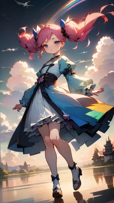 (((floating in the sky:1.2、one girl、stand on the clouds)))、Magical girl、Pastel clouds、perfect anatomy、small face、small nose、plump lips、twin tails、rainbow colored hair、Messy clothes、disheveled clothes、unreasonable、fly in the sky、(((背景はPastel clouds:1.5、rain...