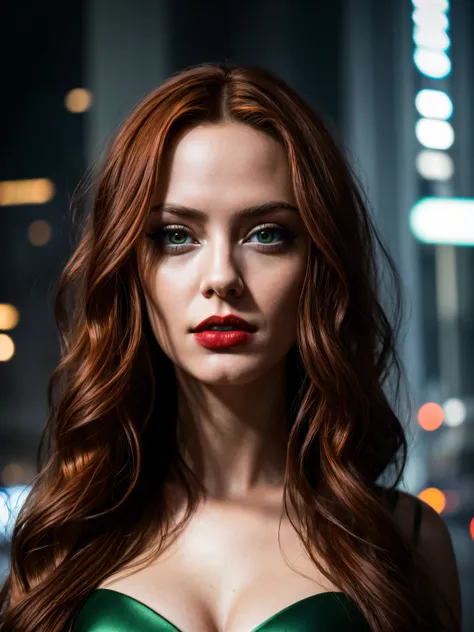 photo of a 25 years old european girl, RAW, beautiful woman, (extra long wavy red hair), (green eyes), (dark red lips), ((portrait)), ((detailed face:1.2)), ((detailed facial features)), (finely detailed skin), pale skin, (high detailed deep cleavage cyber...