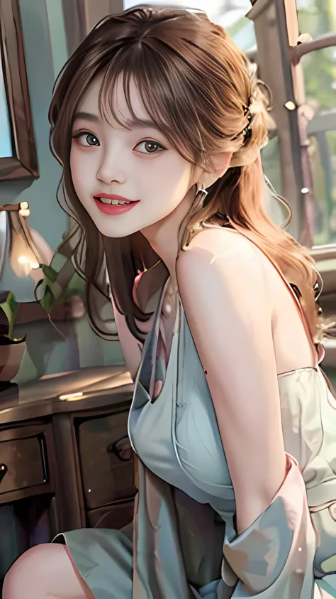 ((Upper body)), ((from the side)), ((actual)), Super cute Asian female model, A young girl, (close up), (in the room, sitting position, Leaning against the dresser), look out the window, Pleasant posture, Various poses to attract attention, Detailed scene,...