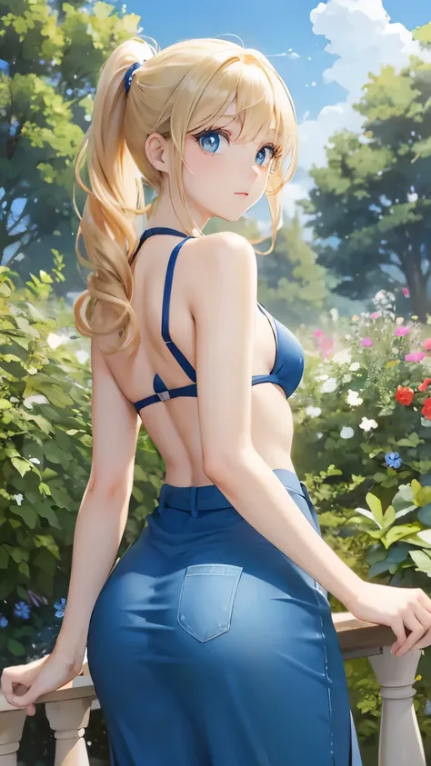 (masterpiece:1.2), (highest quality:1.2),, Curvy but slender body, perfect eyes, perfect face, perfect lighting, 1 girl, in the garden, （feet visible），（T-back），（casual clothes），（view from directly behind），（I can see your butt），（ponytail），curly hair, Fine c...