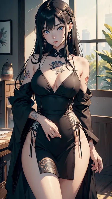 (sfw) young, asian, girl, with long black hair, a toned athletic build, wide hips, small breasts, and a beautiful, almost doll-like face. flowing dress with long full sleeves, formal attire, legs covered , japanese dress, zero nudity, formal dress, beautif...