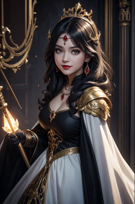 8K,cute thick body,very big breasts,Gray medium bob hair,baby face,Close-up of a cute little girl in a white evil god costume holding a divine staff, cute fantasy empress, ((cute fantasy empress)), glamorous.very high detail, extremely detailed , up to the...