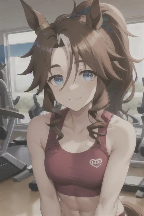 mejiro palmer(umamusume), (((ultra-detailed face))), symmetrical face, beautiful face, (masterpiece), best quality, sports bra, gym room, front, horse tail, smile, muscular, (abs:0.85), workout