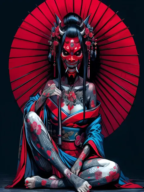 Anime japanese geisha Wearing a kimono with oni scary mask in red color full tatto body , barefoot 