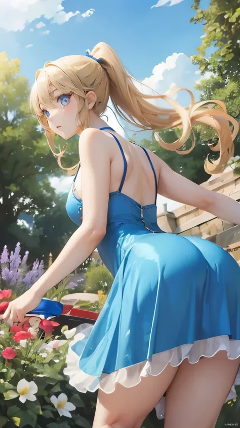 (masterpiece:1.2), (highest quality:1.2),, Curvy but slender body, perfect eyes, perfect face, perfect lighting, 1 girl, in the garden, （feet visible），（T-back），（China dress），（Roundhouse kick），（I can see your butt），（ponytail），curly hair, Fine clothes, Detai...