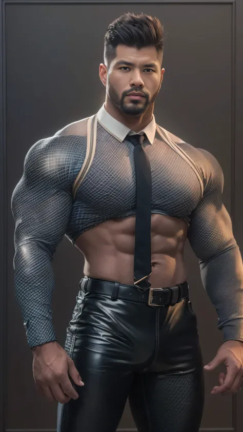 There is only one person in the picture，a chinese bodybuilder，35 years old，Hulk size，High, Strong and handsome，standing in front of gray background board，Paired with glossy black leather bow tie，short hair, O-shaped beard，Perfect body, Dark and shiny compl...