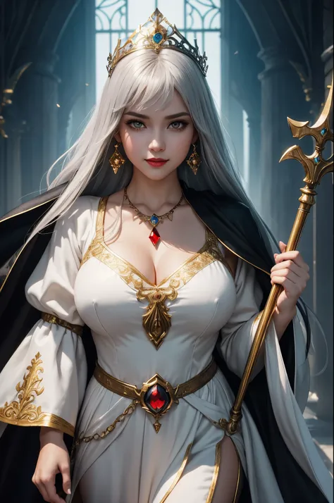 8K,cute thick body,very big breasts,Gray medium bob hair,baby face,Close-up of a cute little girl in a white evil god costume holding a divine staff, cute fantasy empress, ((cute fantasy empress)), glamorous.very high detail, extremely detailed , up to the...