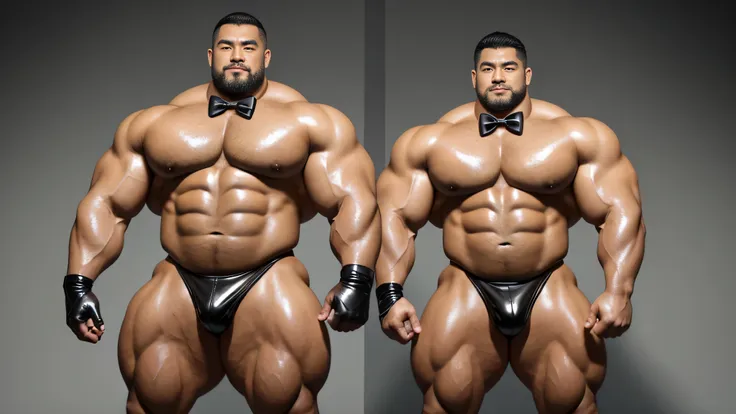 There is only one person in the picture，a chinese bodybuilder，30 years old，Hulk size，High, Strong and handsome，standing in front of gray background board，Paired with glossy black leather bow tie，short hair, O-shaped beard，Perfect body, Dark and shiny compl...