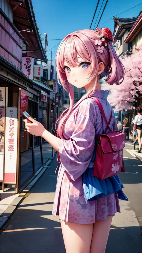 best image quality、1 girl、Tokyo Harajuku with a complex structure composed of ukiyo-e prints、Cherry Blossom