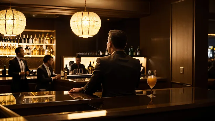 Inside the bar at the counter, one business man from the back drinking and enjoying the nightlife, deemed lighting, silhouette photography, realistic photography, business lounge aesthetic, brown and gold luxury decoration, Landscape image format 16:9 , 8K...