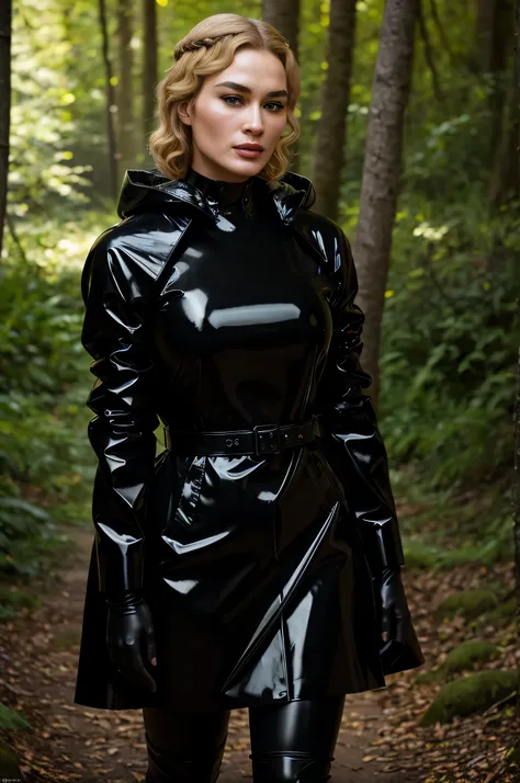 award-winning photo by Yousuf Karsh of young and modern sexy supermodel Cersei Lannister wearing heavy black rubber raincoat, closed raincoat, heavy black rubber gloves, tight rubber choker, rubber fetish, dense forest, sunny, sweating, professional photog...