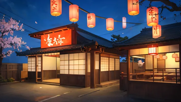 A Japanese restaurant with a neon sign and a cute mascot on the roof.with tree blossoms