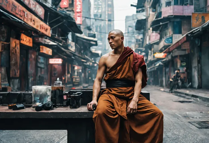 cyberpunk, monk, chillin in the city