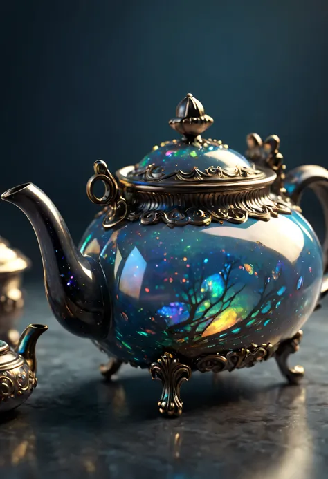 fairy tale object, victorian teapot made from black opal macro lens, unique, beautifully, sparkle sparkle sparkle sparkle, 3d re...