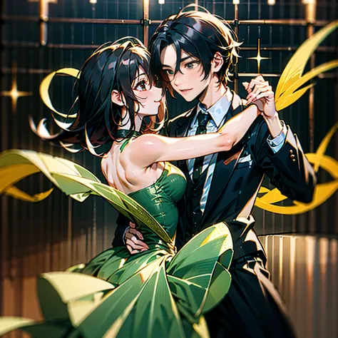 (Japanese,2 teenager ,pair dance partners:Ballroom dancing),romantic style, Beautiful starry night,traditional dance floor, traditional dance costumes, Seductive dance moves, (long hair girl and gentleman), same height,(green princess dress and black forma...