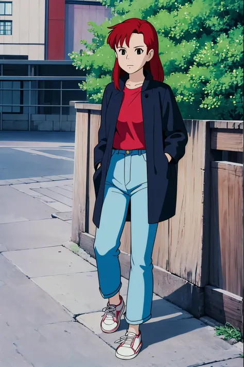 a young woman with red hair wearing modern clothes in the anime ghibli style
