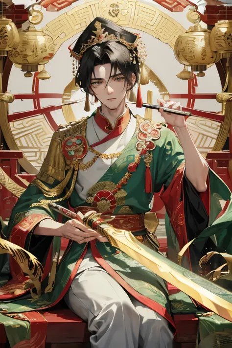 The third son of the Jade Emperor, with his short black hair cascading down his shoulders, assumes a solemn posture in this 3D Chinese-style illustration. A regal god, clad in white ancient attire, he is engrossed in his paperwork, surrounded by intricatel...