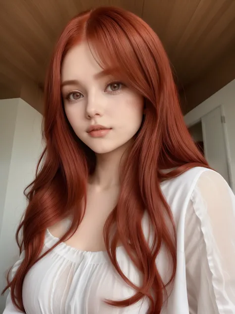 tem uma mulher ruiva e camisa branca, com cabelo ruivo cacheado, long hair com franja, cabelo castanho e franja, neat hair com franja, cabelo longo com franja cheia, brown hair com franja, brown long hair com franja, com longos cabelos ruivos, com franja, ...