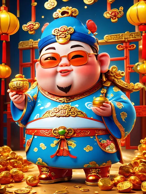 a big, fat and cute chinese god of wealth，wearing cool glasses，holding gold ingot in hand，pixar style，(wearing stylish chinese n...