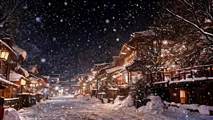 snowy night scene of a street with a bridge and buildings, snowing, 8K)), japanese town, snowy night, Japanese cities, snowfall at night, snow glow, city snowing with a lot of snow, snow fall, snowy winter, beautiful place, winter snow, japanese village, j...