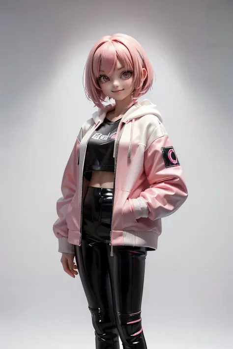 (1beautiful girl), 18 year old, joy, smile, pink bob cut hair, 決めポーズ、white and pink vinyl jacket, hoodie, ninja artist、futuristic cyberpunk style、black vinyl pants、pink vinyl boots、standing, just the Front view、full body, concept art、((Simple white backgro...