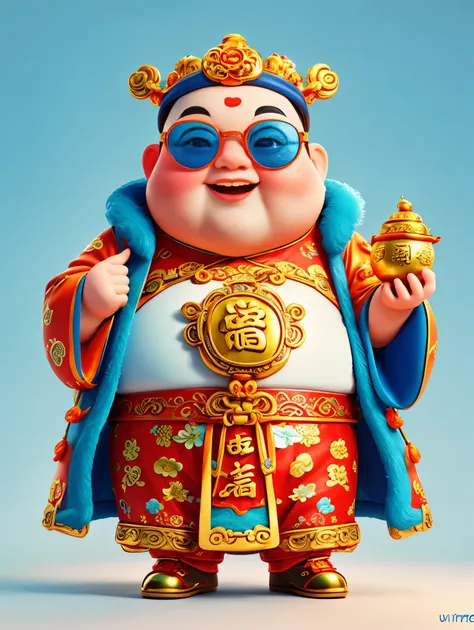 a big, fat and cute chinese god of wealth，wearing cool glasses，holding gold ingot in hand，finger to you，pixar style，furry textur...