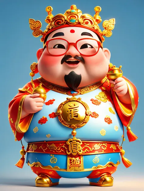 a big, fat and cute chinese god of wealth，wearing cool glasses，holding gold ingot in hand，finger to you，pixar style，furry textur...