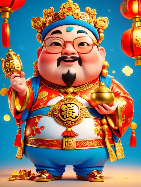 a big, fat and cute chinese god of wealth，wearing cool glasses，holding gold ingot in hand，finger to you，pixar style，furry textur...