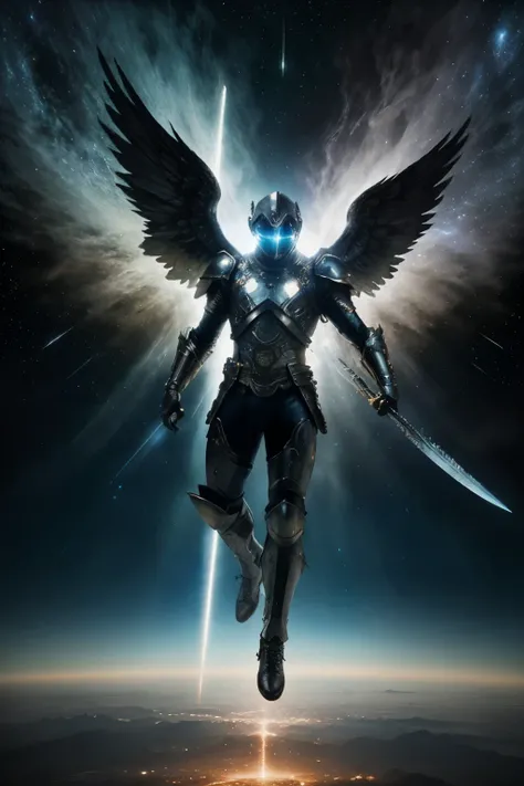 hyper-realistic wide angle cosmic warrior angel, male, harsh descent towards the planet from outer space , celestial dagger, glow with power, gleaming armor glinting in the starlight, planet swirling with blues and greens under a hazy atmosphere, , powerfu...