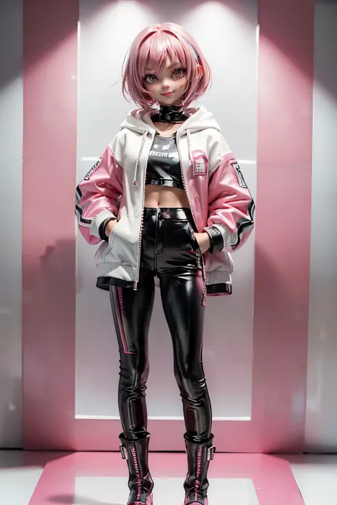 (1beautiful girl), 18 year old, smile, pink bob cut hair, oily skin, white and pink vinyl jacket, hoodie, ninja artist、futuristic cyberpunk style、black vinyl pants、pink vinyl boots、standing, just the Front view、full body, concept art、((Simple white backgro...