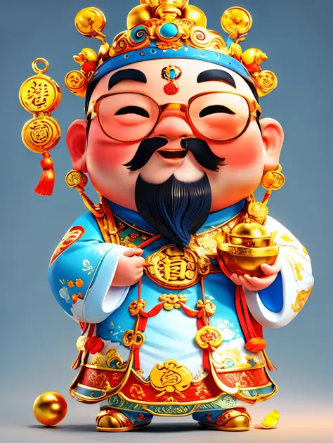 1 cute chinese god of wealth，wearing cool glasses，pixar style，white background，whole body，(vision 1.5) ,  (uhd, masterpiece, ccu...