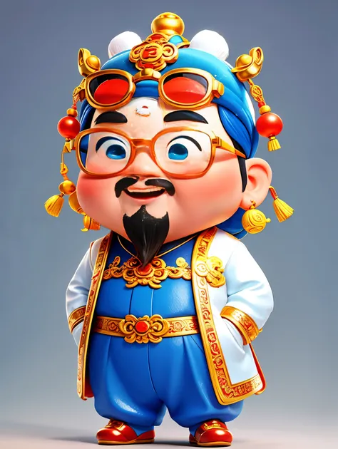 1 cute chinese god of wealth，wearing cool glasses，pixar style，white background，whole body，(vision 1.5）