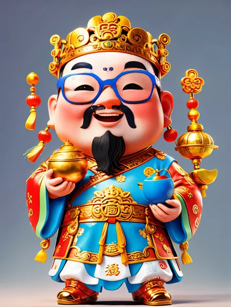 1 cute chinese god of wealth, wearing cool glasses, pixar style, white background