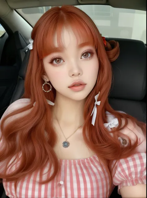 arafed asian woman, coreana, Rose do blackpink com cabelo ruivo and a checkered dress in a car, com cabelo ruivo cacheado, com longos cabelos ruivos, with red hair and bows, flowing red hair with bangs, with pale skin, amoranto, has white bows in her hair,...