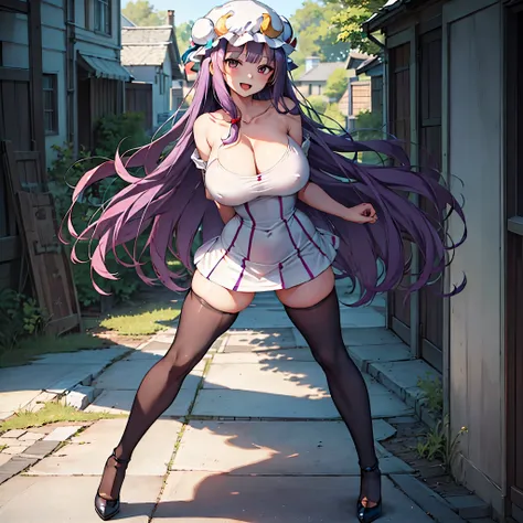 (Patchouli toho character), (standing at lakeside forest), outside, (standing with open legs wide:1.6), (arms behind back), (bending back), tiptoe, pigeon toed, BREAK, (disproportionately gigantic huge breasts:1.2), cleavage, inconceivably thin waist, very...