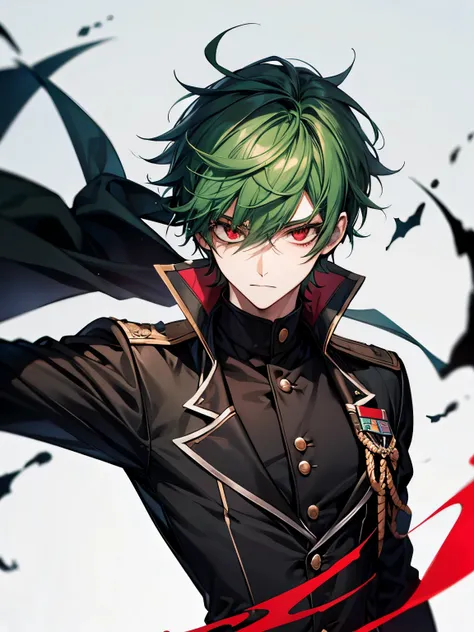 green hair, red eyes, mysterious, black academy uniform, cool, male, white background, short hair